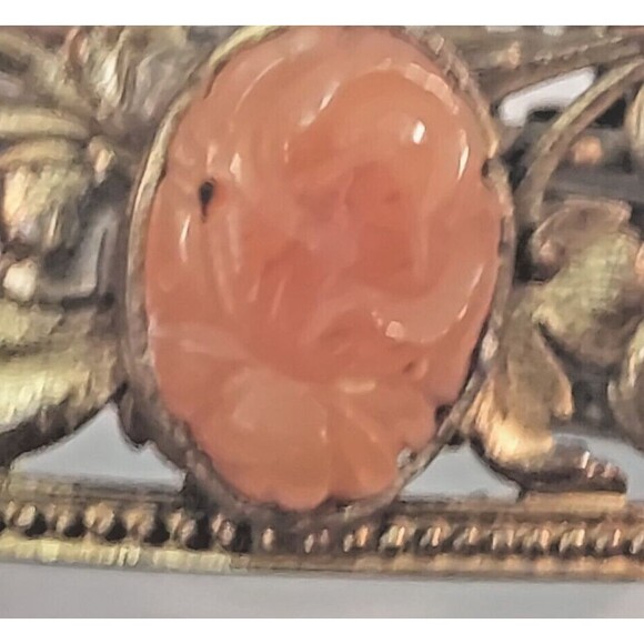 Antique Victorian Coral Cameo Bracelet Bangle Filigree Gold Tone Orange Stone - Picture 7 of 8